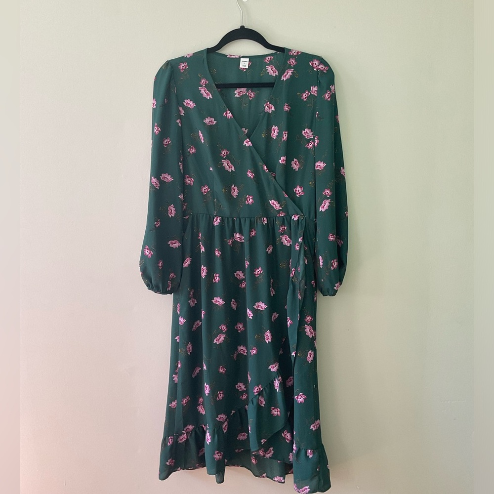 Faux Wrap Ruffle Knee Length Long Sleeve Floral Dress